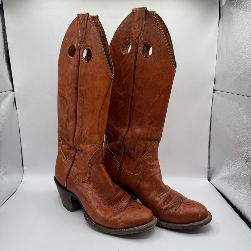The Sanders Western Boots Women 6.5 B Cognac Leather Pull Hole Tall Cowgirl 1984